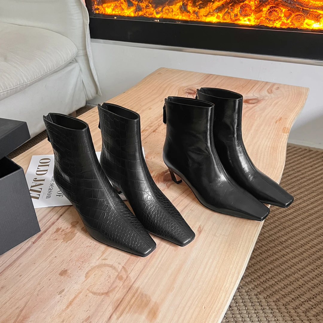 【素雅】2024秋冬新款法式极简风方头真皮中跟女靴子气质时尚瘦瘦靴