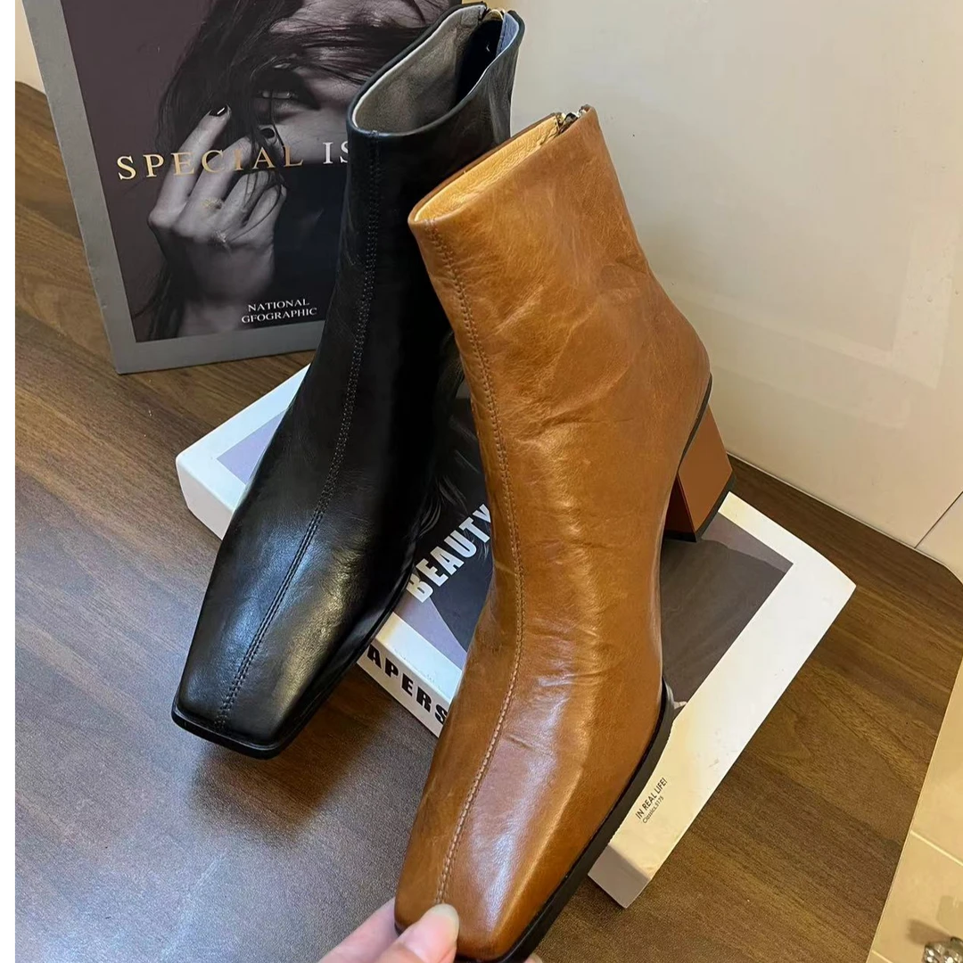 【素雅】2024秋冬新款手工真皮法式方头粗跟短筒瘦瘦靴气质时尚百搭