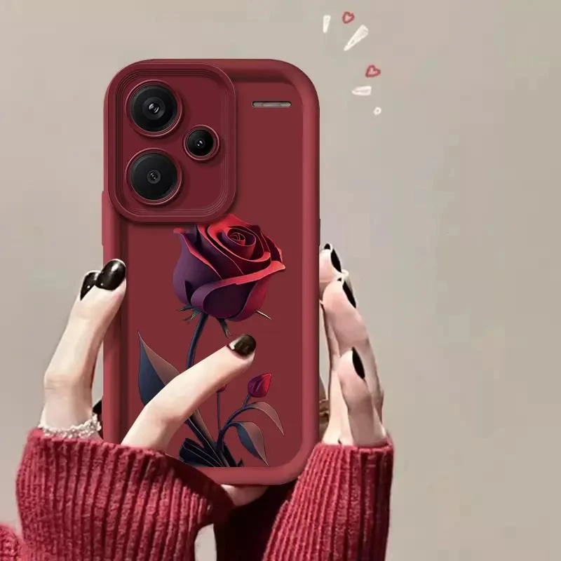 适用【红米Note13Pro+】一朵暗红玫瑰亲肤硅胶全包摄像头手机壳
