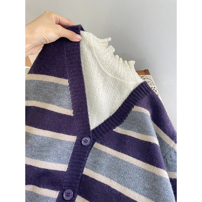 高级紫灰色加厚V领针织开衫韩版洋气撞色长袖针织衫气质毛衣外套