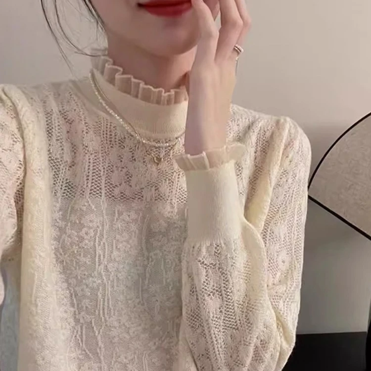 气质蕾丝提花打底衫女2024宽松长袖针织衫内搭镂空百搭套头上衣