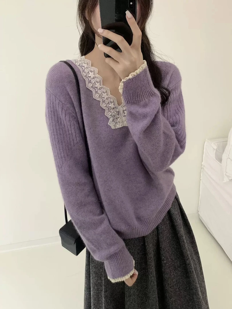 蕾丝钩花小香风V领毛衣设计感洋气纯色长袖针织衫内搭打底上衣