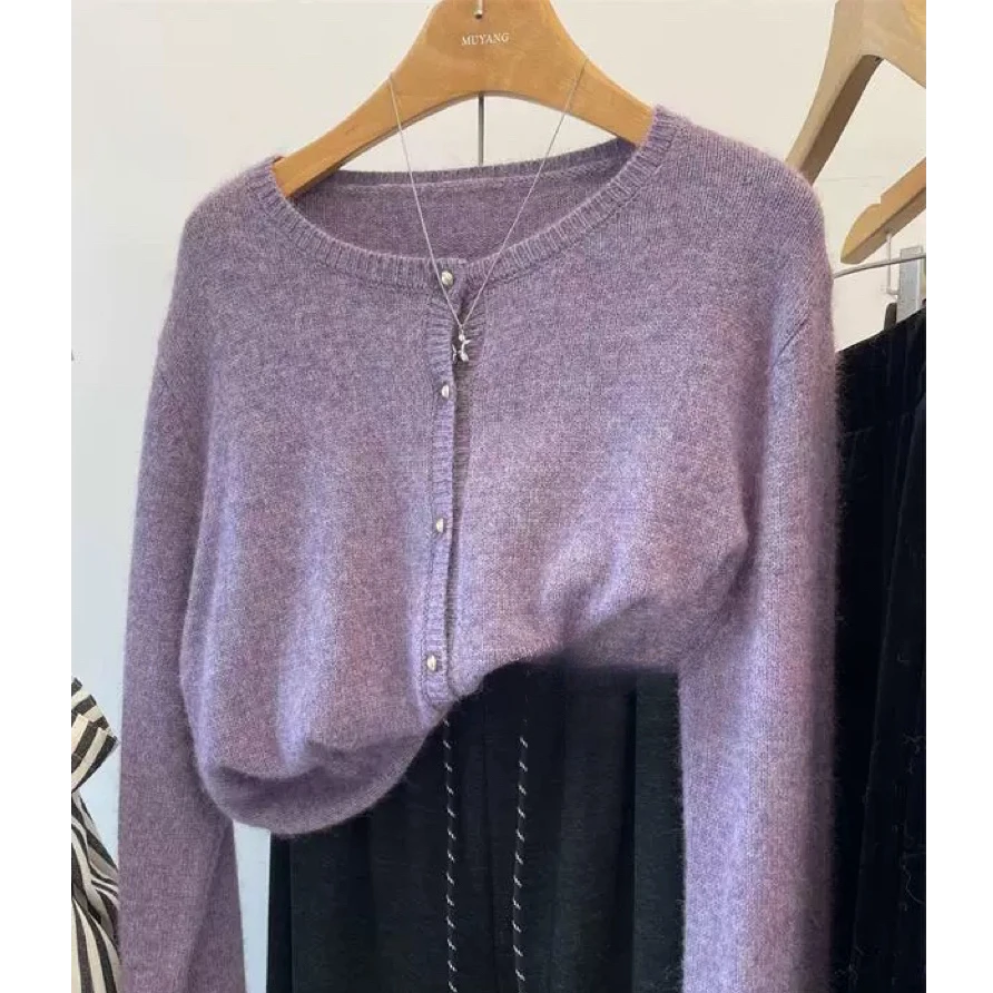 温柔软糯花紫色小金扣圆领针织开衫高级纯色长袖针织衫新毛衣外套