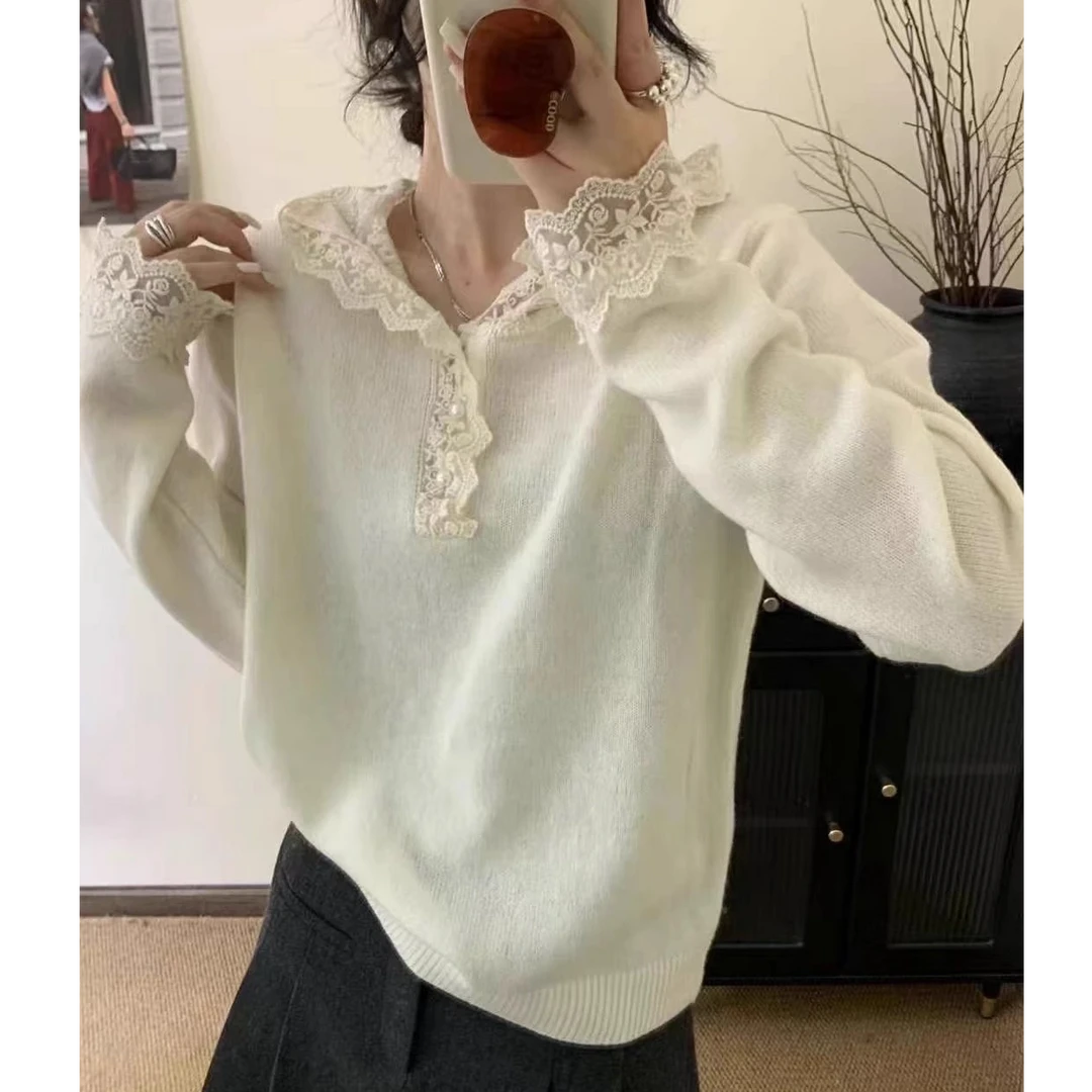 韩系蕾丝钩花连帽内搭纯色打底衫别致长袖针织衫宽松毛衣上衣