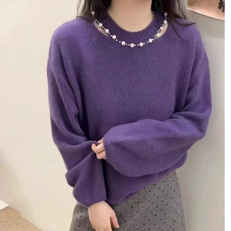 洋气镂空钉珠高端设计圆领针织衫韩系慵懒风女宽松长袖软糯上衣