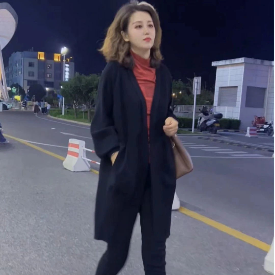 【迷姿服饰】简约时尚 气质显瘦 洋气百搭 宽松中长款 针织开衫