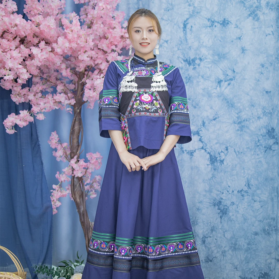 布依族壮族服装民族风藏蓝色中国风立领上衣复古女士大裙摆套装
