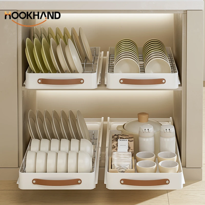 不锈钢抽拉碗碟架厨房水槽下放碗碟盘橱柜内抽屉式拉篮碗架沥水架