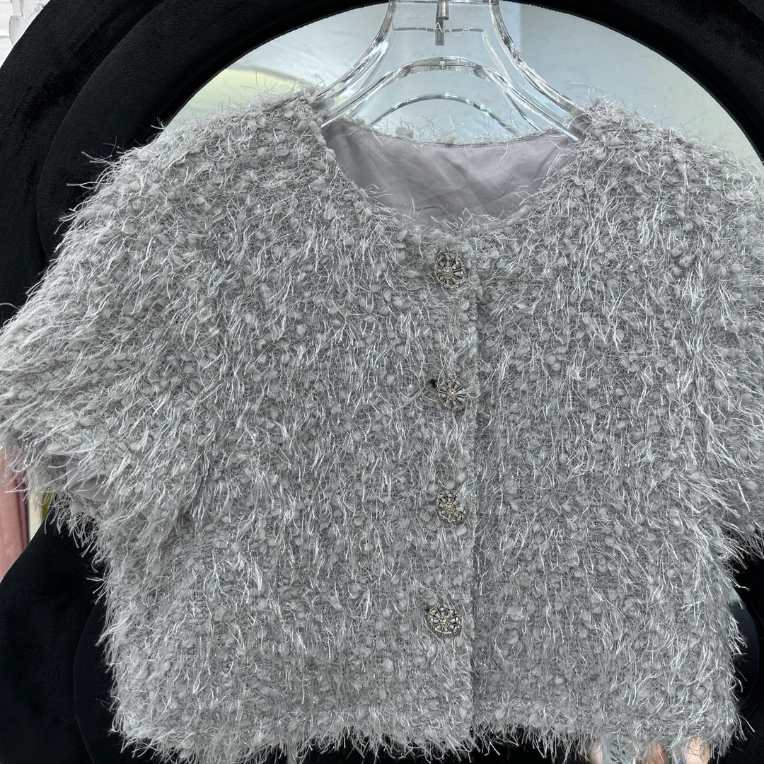 2024时尚短袖毛絮上衣气质休闲百搭圆领