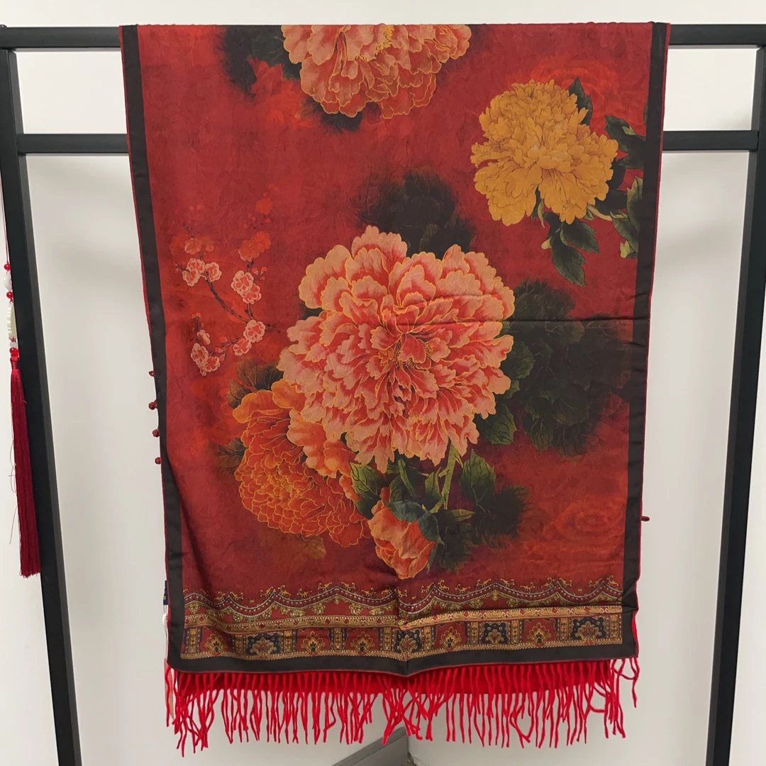 双层香云花萝百搭围巾披肩国风70*180手工盘扣流苏双面（牡丹）