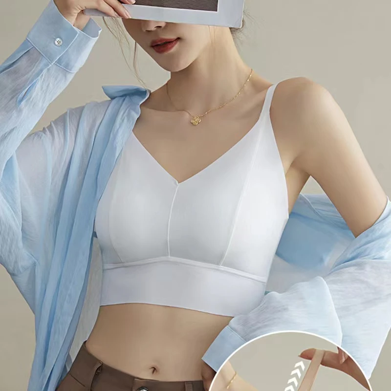 6618#短板冰丝美背吊带女裸感一体式免穿文胸固定杯肩带可调节