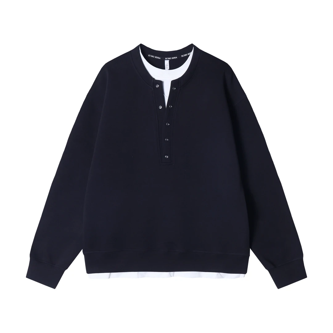 WY608新款时尚个性黑白撞色纽扣假两件套头卫衣百搭休闲简约上衣