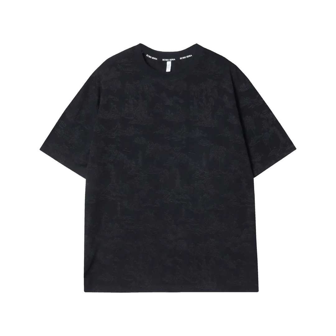 T937夏季新款时尚山林提花男士短袖潮流百搭休闲T恤复古国风上衣