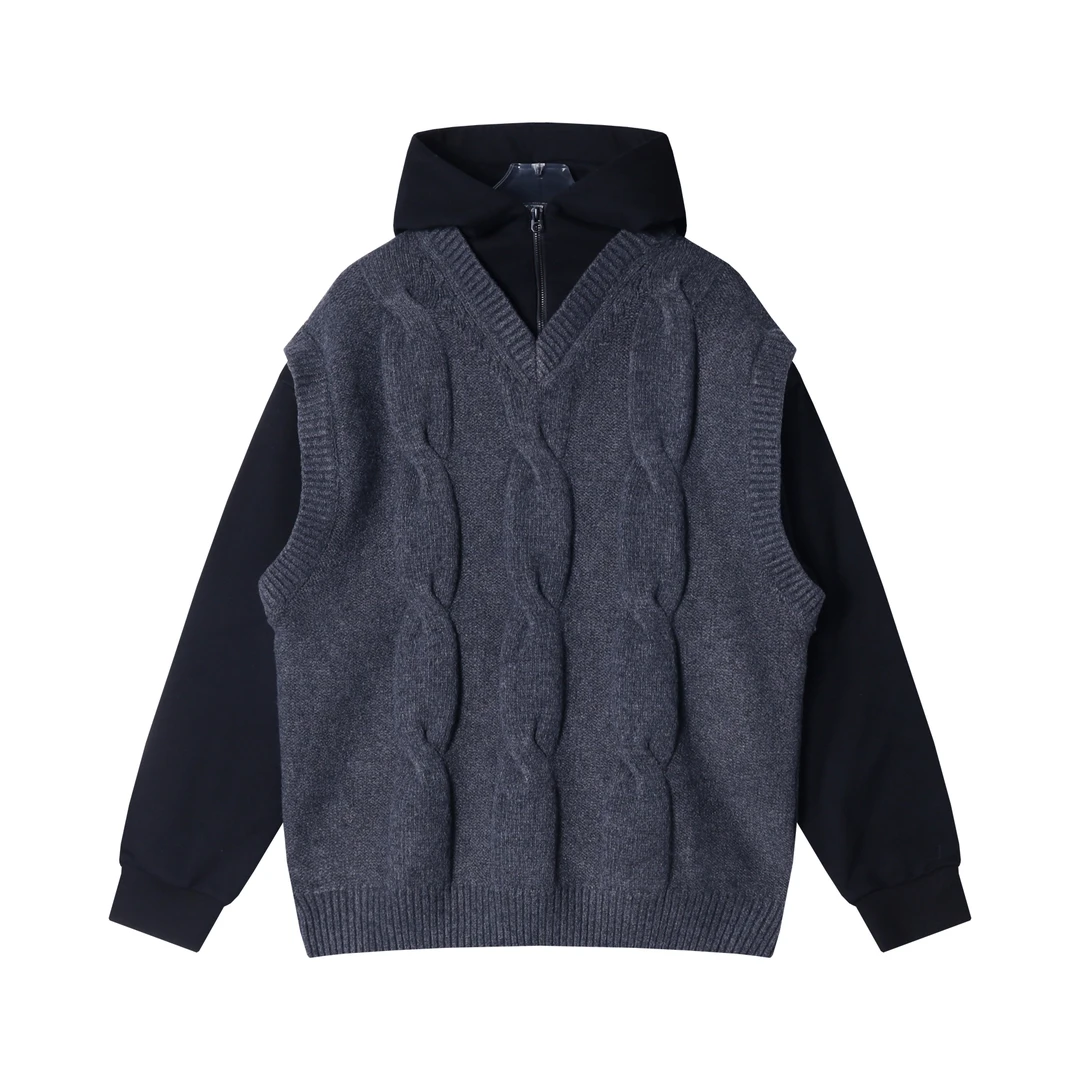 秋冬季新款时尚韩版撞色假两件连帽卫衣V领马甲男女同款百搭潮流