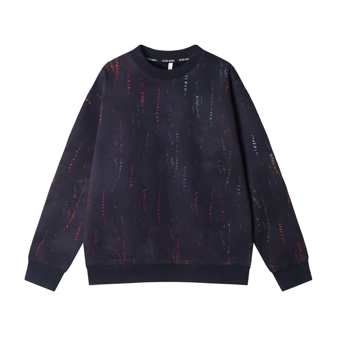 秋冬新款时尚个性韩版撞色磨破圆领套头卫衣情侣简约百搭上衣