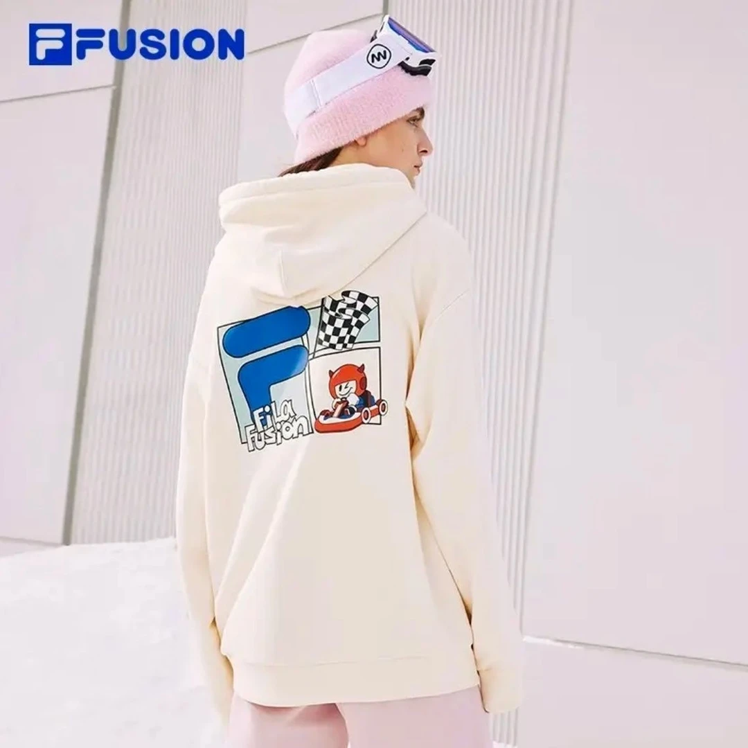 FILA FUSION斐乐潮牌情侣卫衣男2024冬季新款加绒连帽宽松上衣女