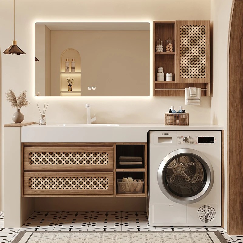 藤编浴室柜洗衣机柜一体洗脸盆组合洗手盆洗漱台洗衣池岩板盆定制