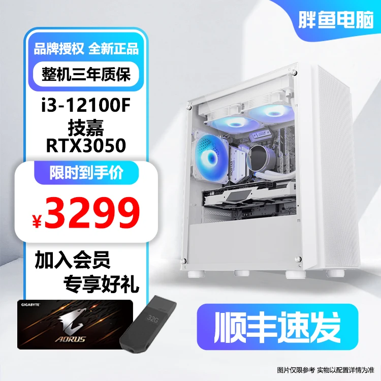 胖鱼电脑 i3-12100F+技嘉RTX3050 风魔8G 白色电竞吃鸡办公主机