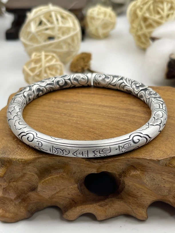 古丰 足银手镯 高工祥云如意金箍棒复古经典百搭手雕实心送男友