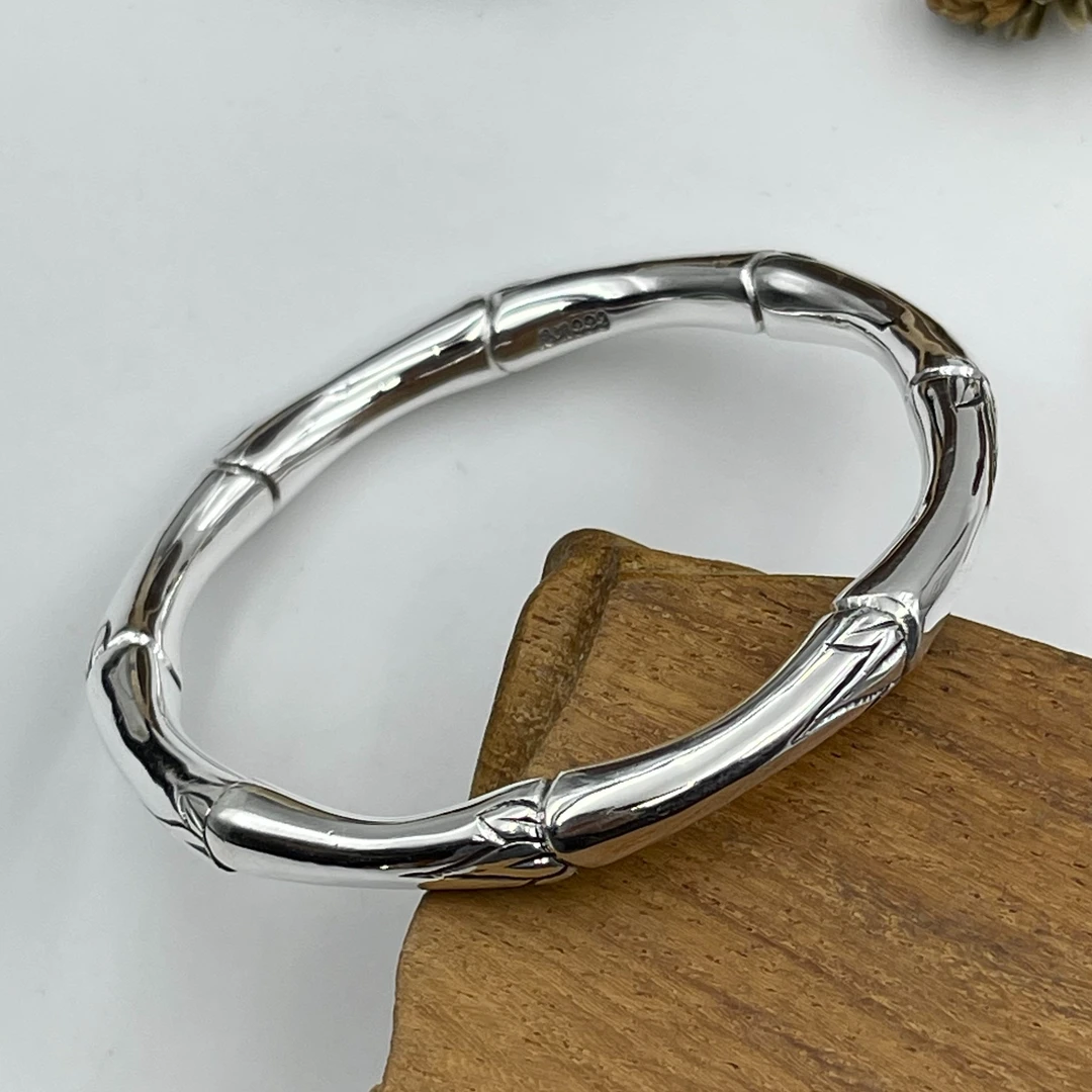 古丰 足银手镯 竹节手工精雕手镯时尚经典实心百搭气质简约男女款