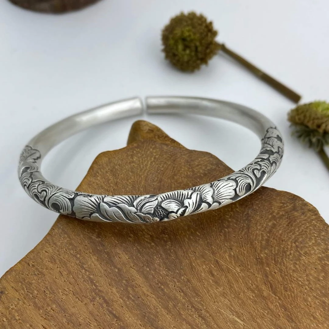 古丰 足银手镯 圆棍深雕牡丹手镯复古做旧经典民族风实心送爱人