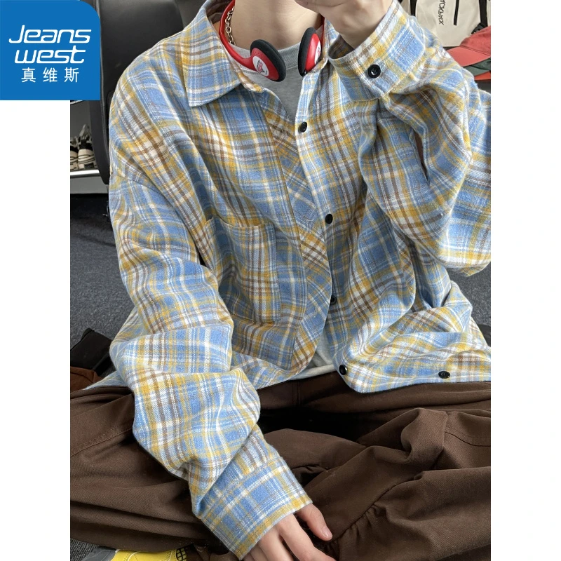 真维斯vintage格纹衬衫男新款潮流高级小众大码宽松长袖衬衣外套