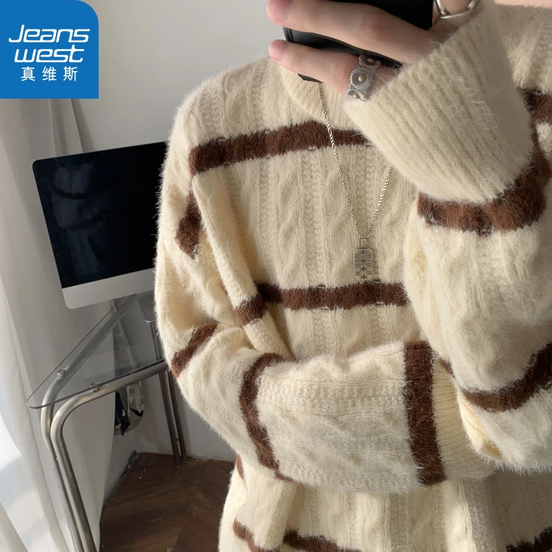 真维斯慵懒风条纹毛衣男女秋冬美式宽松松弛感休闲糯毛绒针织衫