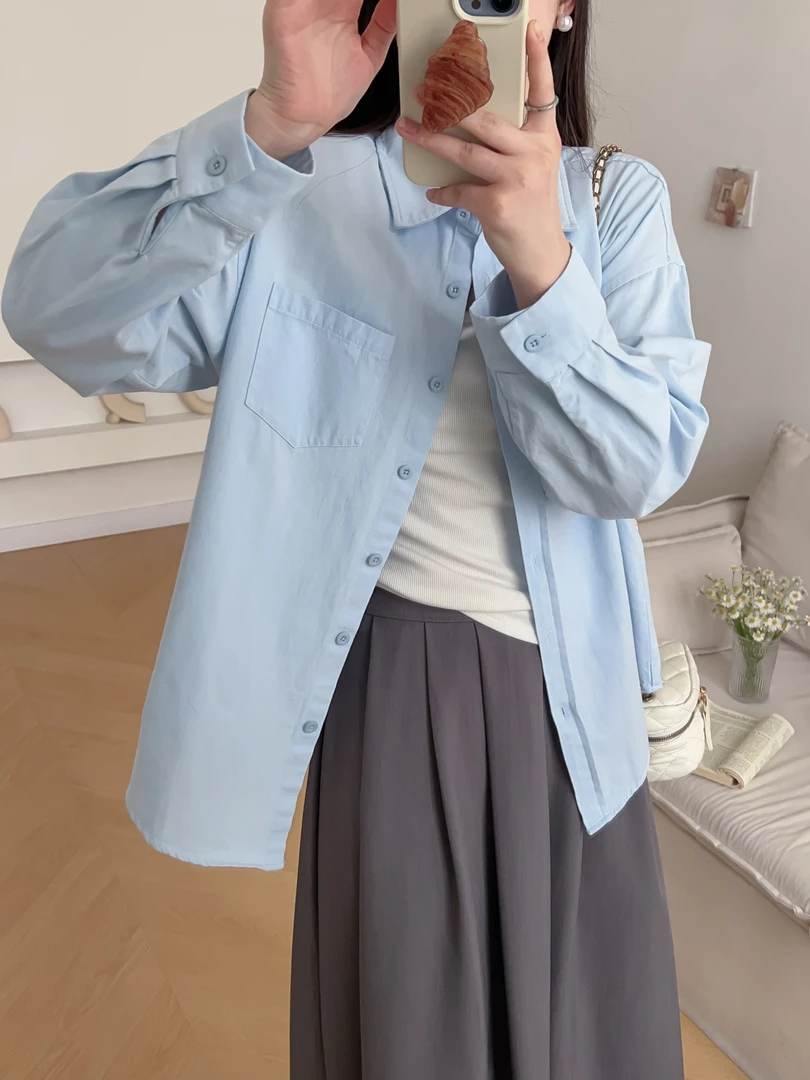 【全棉加厚衬衫】秋冬新款宽松长袖粉色衬衫复古韩版小个子翻领款