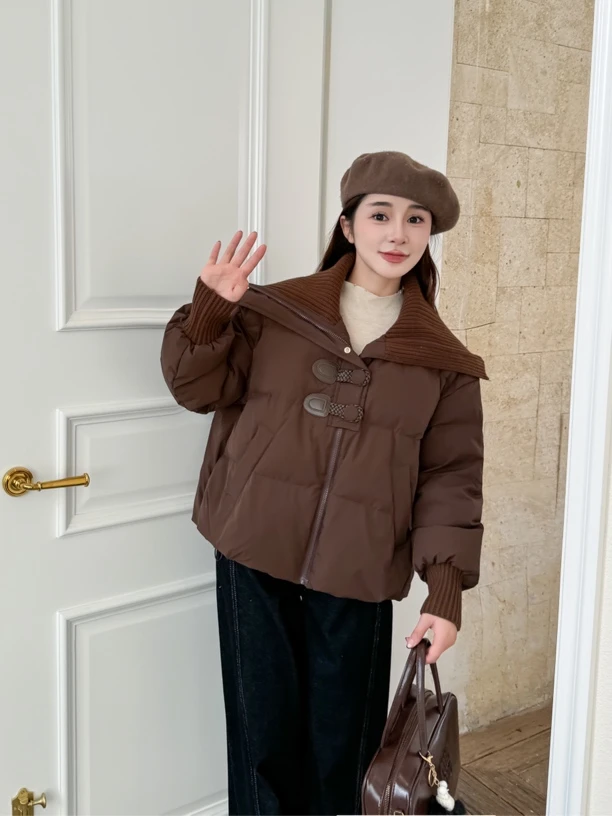 美美推荐R 75圣雅姿羽绒服白鸭绒短款针织拼接大翻领外套