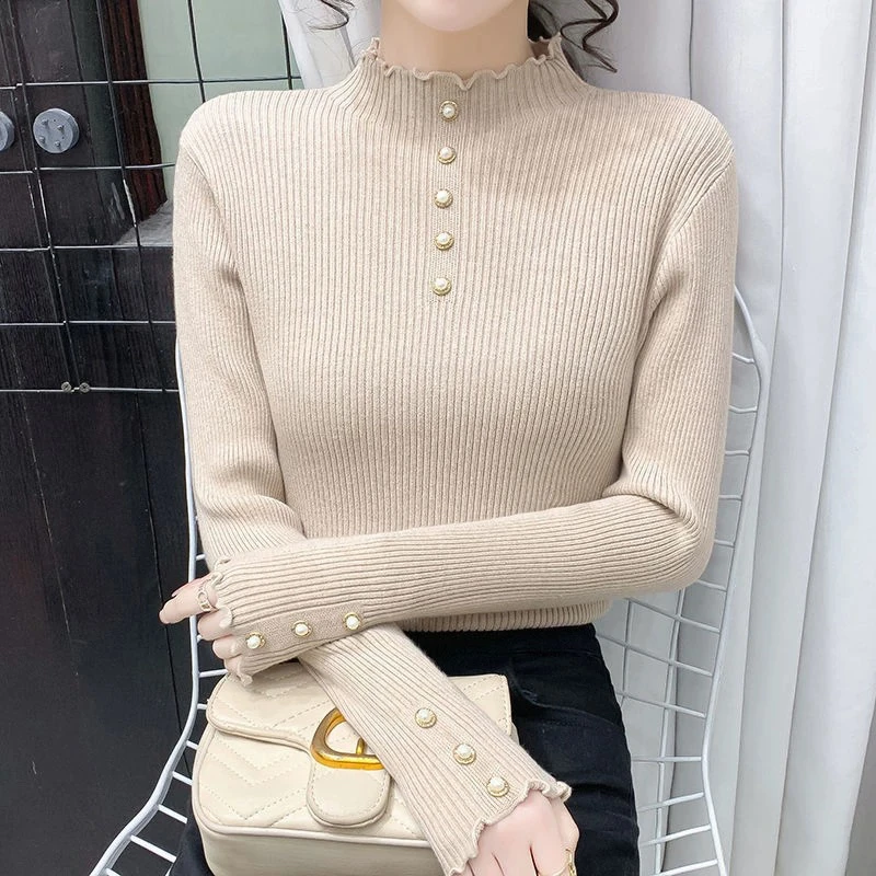 美美推荐0606木耳边珍珠半高领加厚针织打底衫