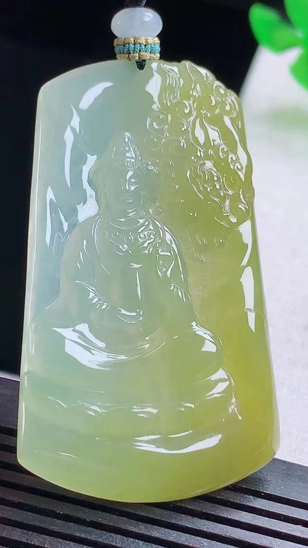 天然缅甸A货翡翠玉石珠宝老坑冰胶黄翡文殊菩萨吊坠守护神配证书