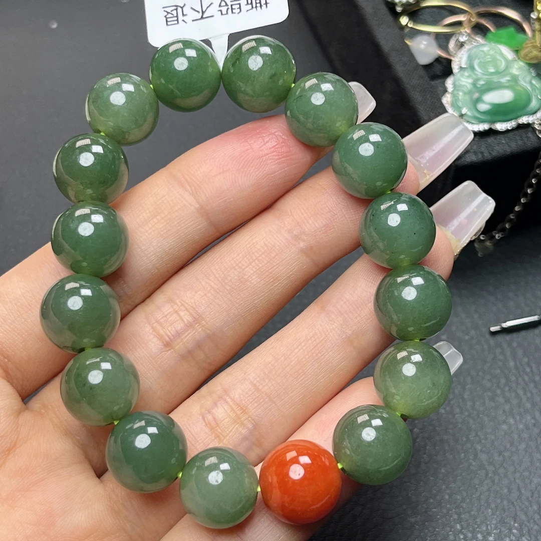 天然a货翡翠玉石珠宝礼物老坑油青绿圆珠手串j尺寸12+mm配证书