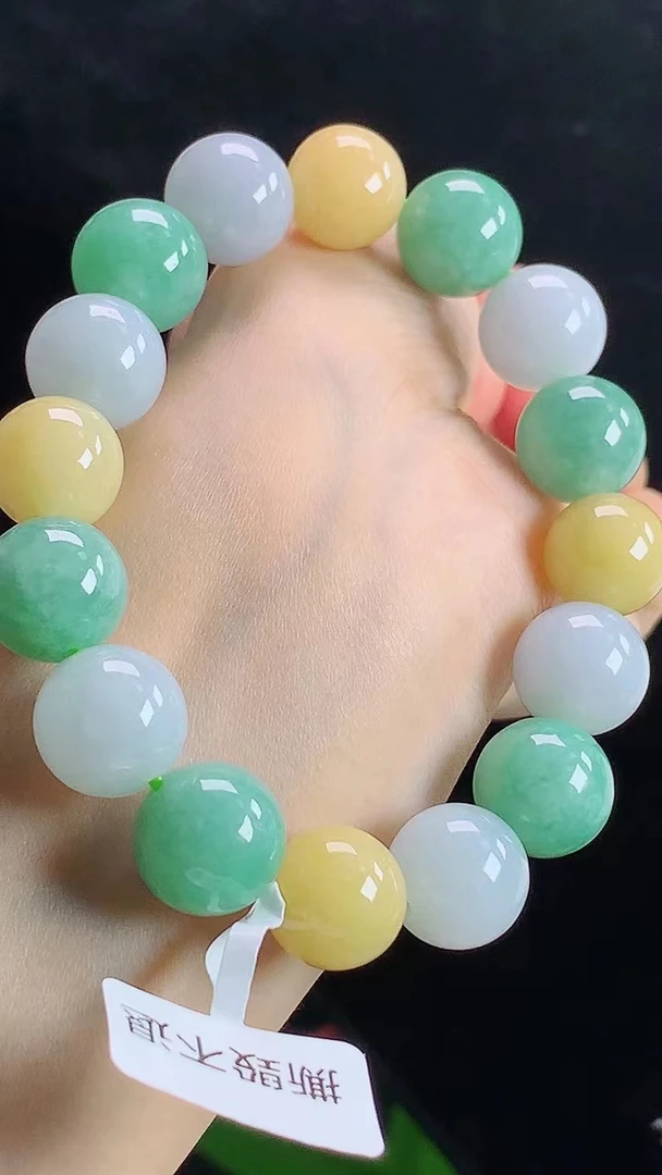 天然缅甸A货翡翠玉石珠宝冰胶三彩多宝马卡龙圆珠手串j卡12+