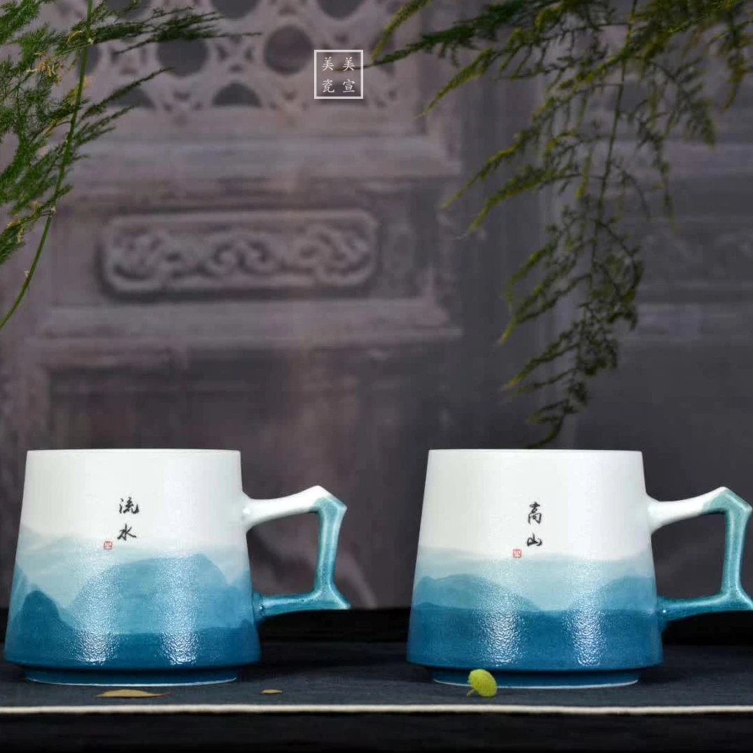 高山流水手绘个性陶瓷创意马克杯喝水杯图案工艺精美制作