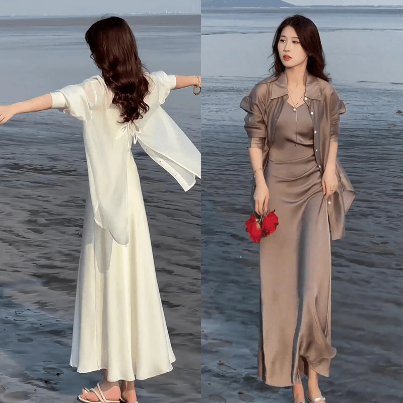 时尚气质连衣裙套装女2025夏季新款薄款防晒衬衫开叉吊带裙收腰