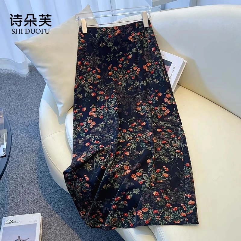 2025年夏季碎花半身裙国风新中式油画风高腰轻熟中长款半身裙子女