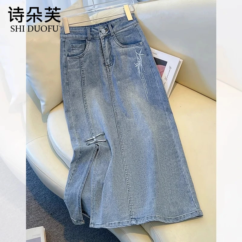 新中式牛仔半身裙女夏季薄款烫钻盘扣国风开叉包臀裙a字裙中长款