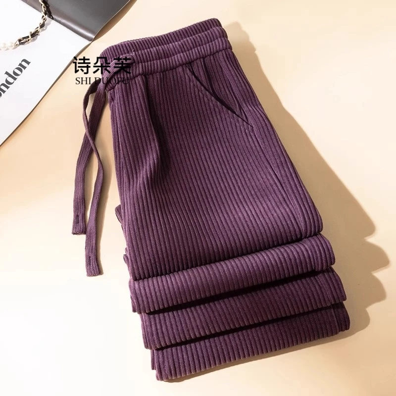 紫色加绒阔腿裤女2025秋冬新款高腰显瘦条纹裤加厚舒适休闲直筒裤