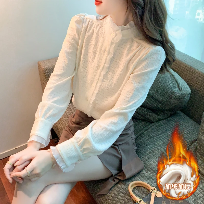 秋冬加绒加厚木耳花边立领长袖衬衫女气质时尚内搭打底洋气小衫