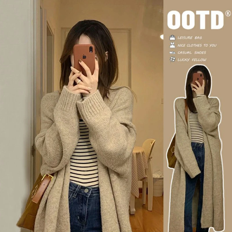 春秋季加厚慵懒风毛衣外套女针织开衫中长款宽松显瘦百搭时尚韩版