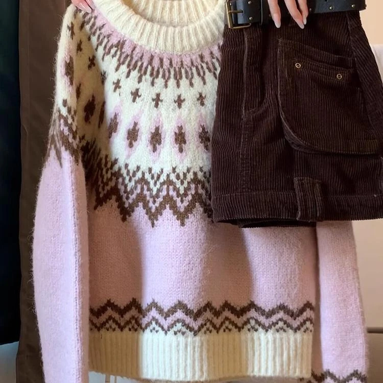 深秋初冬穿搭粉色费尔岛毛衣女秋冬慵懒风宽松加厚设计感针织上衣