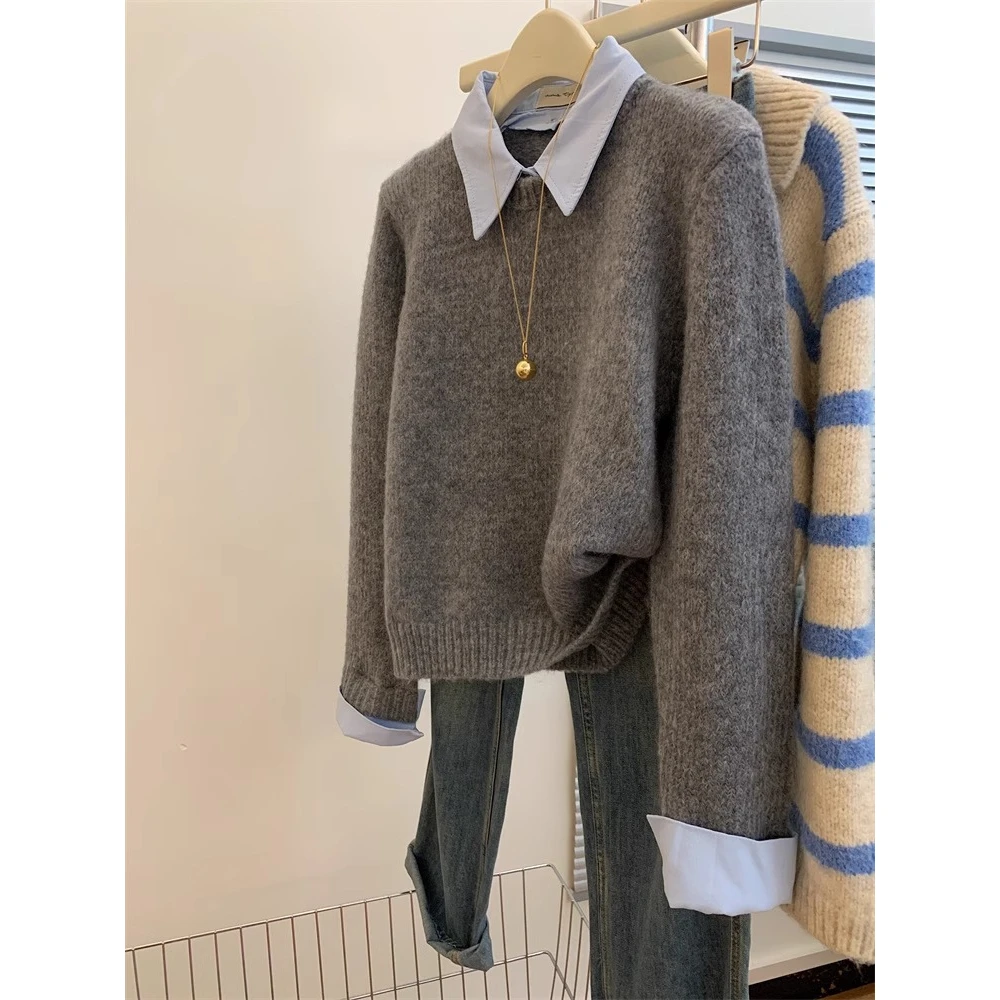 毛衣女春季新款慵懒风宽松打底针织上衣灰色假两件polo领内搭长袖