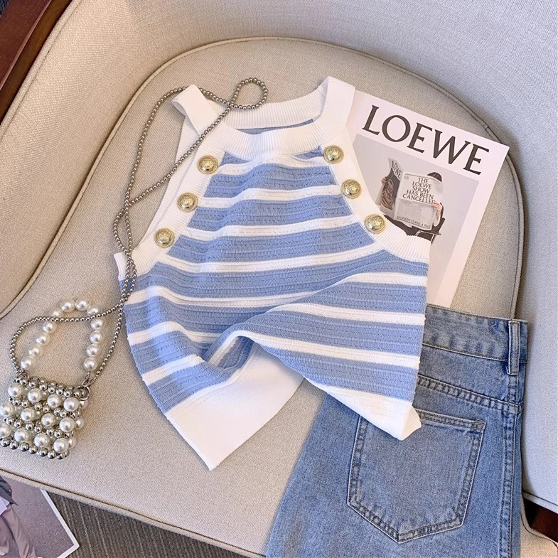 蓝色撞色条纹针织吊带背心夏季新款时尚洋气修身显瘦挂脖短款上衣
