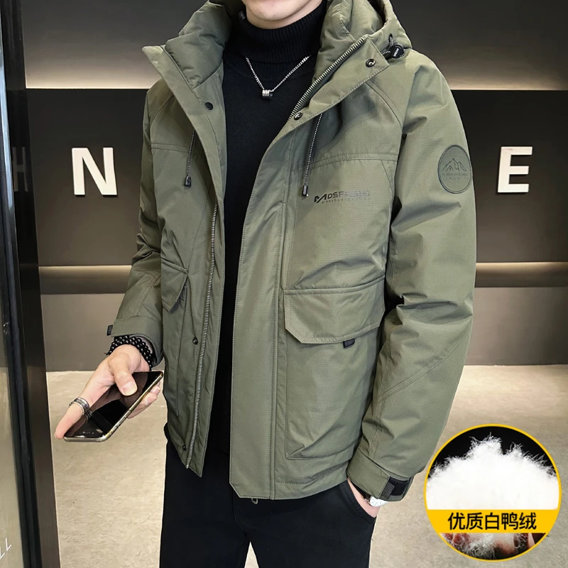 羽绒服！高品质 男士冬季新款户外连帽工装风时尚白鸭绒保暖羽绒服