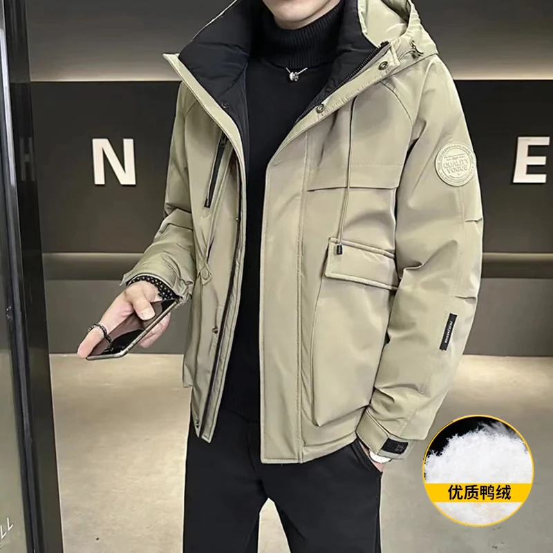 2024冬新款男士韩版潮流帅气加厚保暖连帽工装风男士羽绒服外套