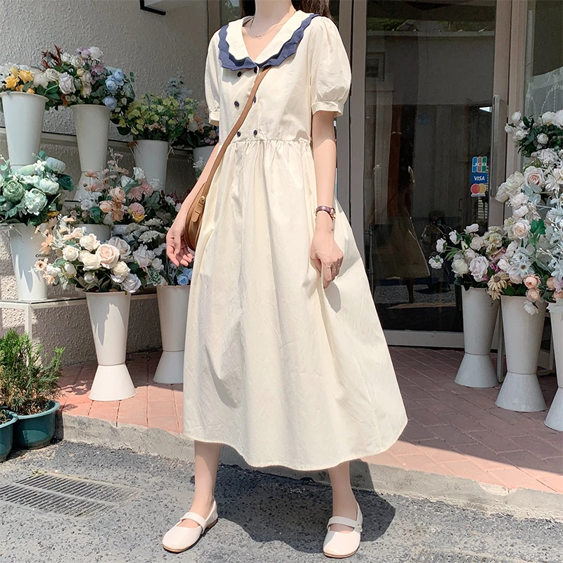 初中生夏季日系过膝长裙14-16岁高中学生15少女大童娃娃领连衣裙