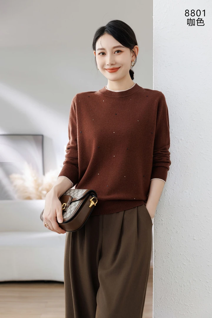 秋冬新款长袖气质减龄满天星圆领套头100羊毛针织衫-8801