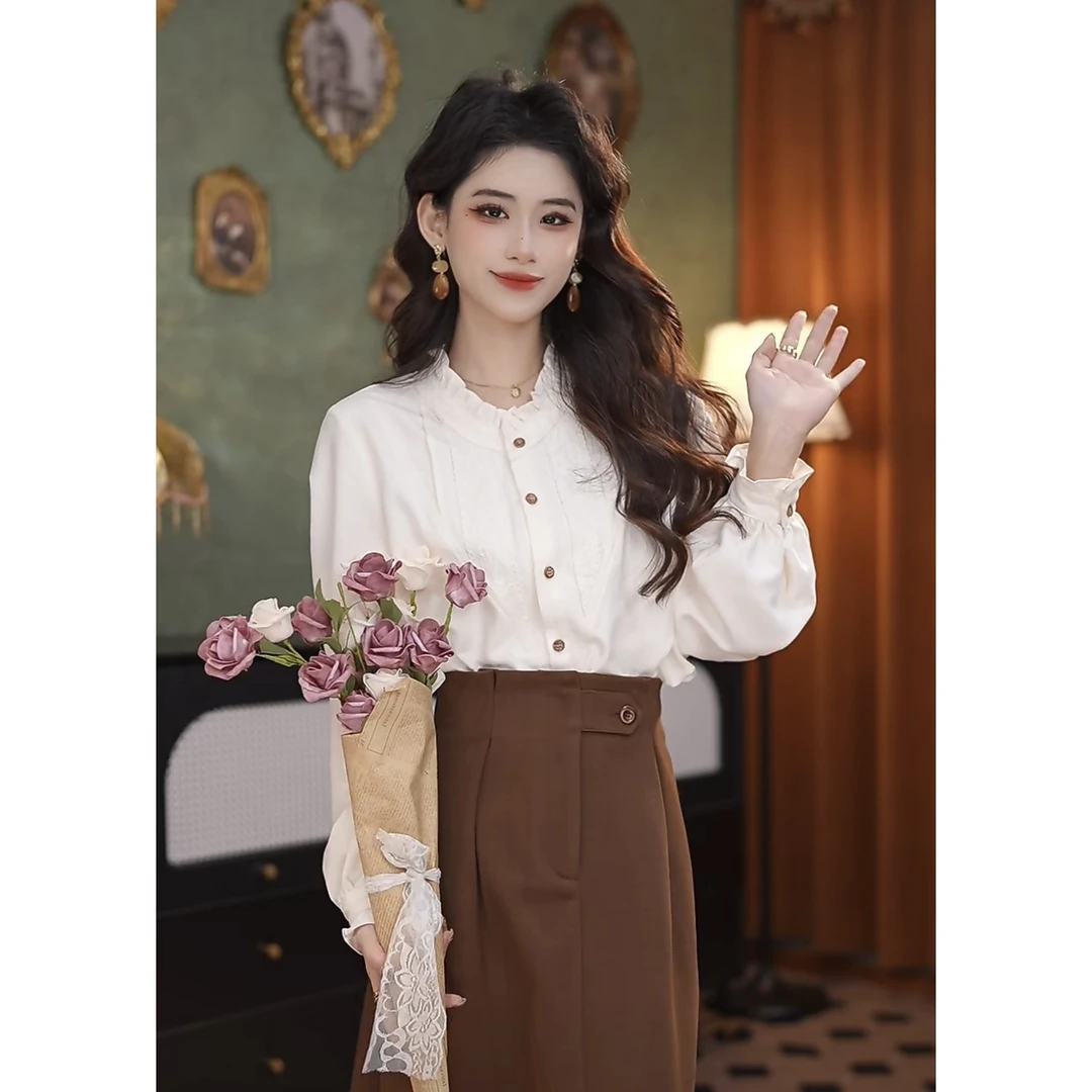 粤粤  24年秋冬气质长袖衬衫时尚休闲复古港风衬衫#7335