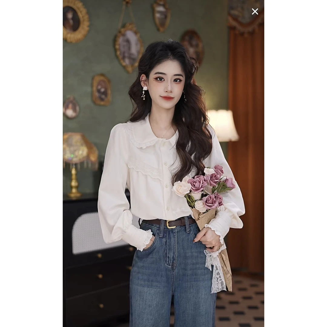 粤粤港风 秋季白色宽松时尚休闲百搭气质长袖复古衬衫#7280