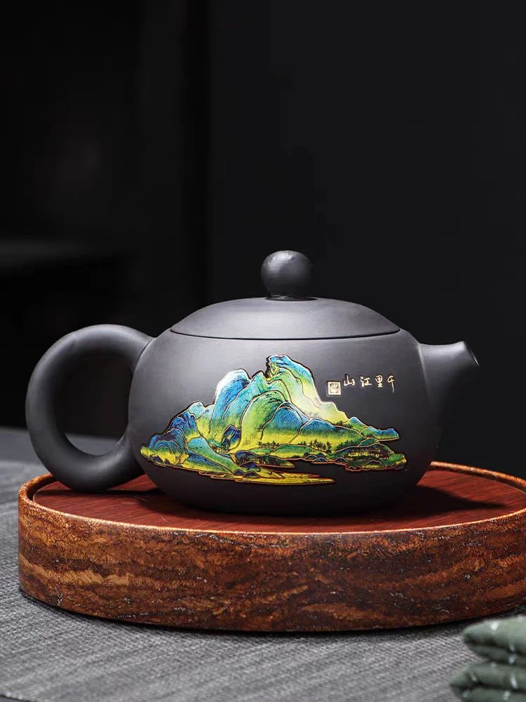【闪购商品】原矿手工紫泥变色千里江山凤鸣壶